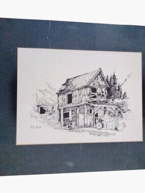 P E Gray Ink Drawing Rustic Barn Matted Sketch Western Cabin Lodge Farmhouse